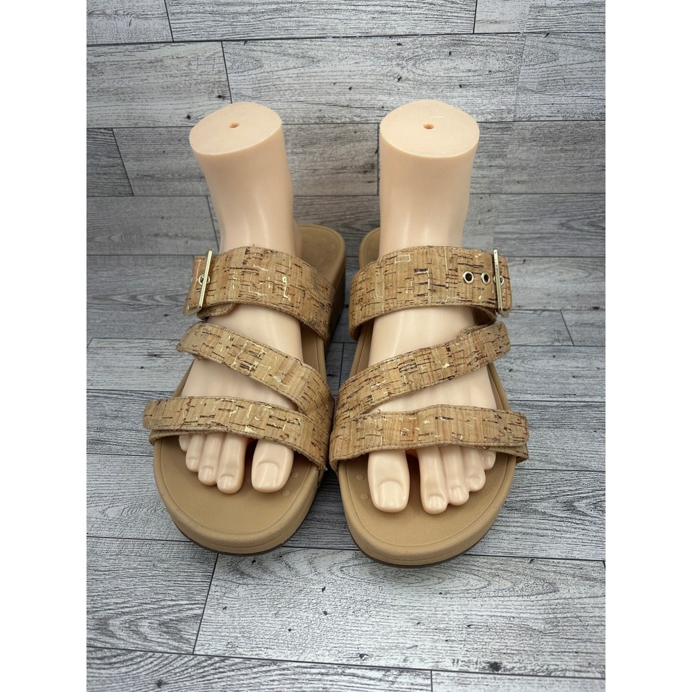 Vionic Rio Natural Cork Gold Metallic Platform Slide Sandals TVW5228 Women Sz 10